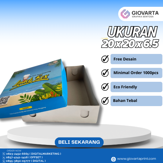 Box Makan ( 20x20x6.5 ) Atas Cetak Full Color Tinggi 3,5cm Bawah Polos 
