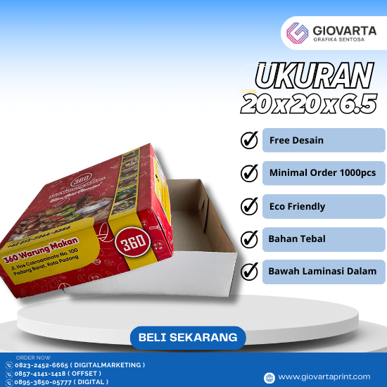 Box Makan ( 20x20x6.5 ) Atas Cetak Full Color Tutup Full Bawah Polos Laminasi Dalam